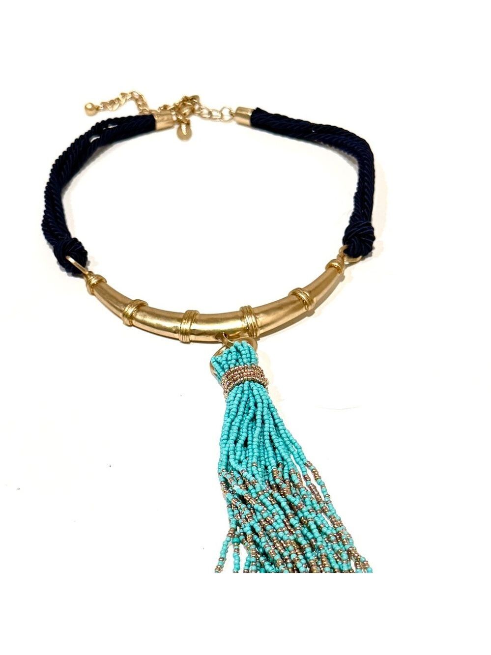 CHICO’S | Navy Rope & Aqua Beaded Tassel Golden Collar Necklace | NEW - Picture 7 of 8